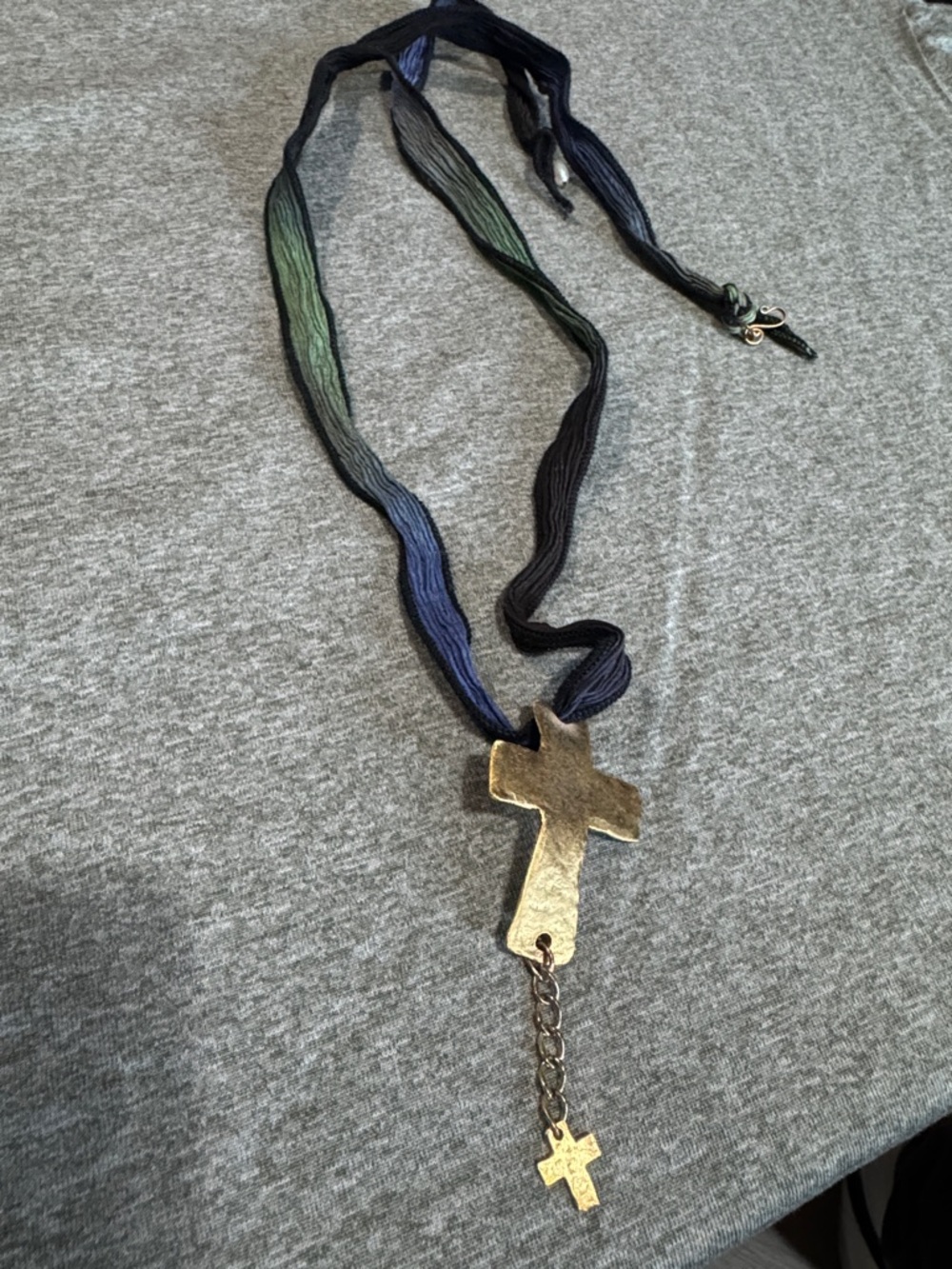 Source Unknown Gold Cross Pendant Necklace with Blue and Green Ribbon